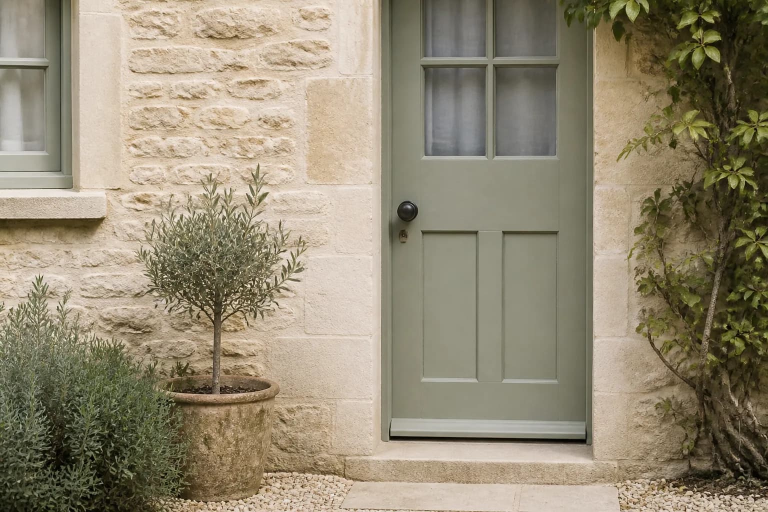 Illustrative Cotswolds-inspired stone doorway with a muted green door and plants.