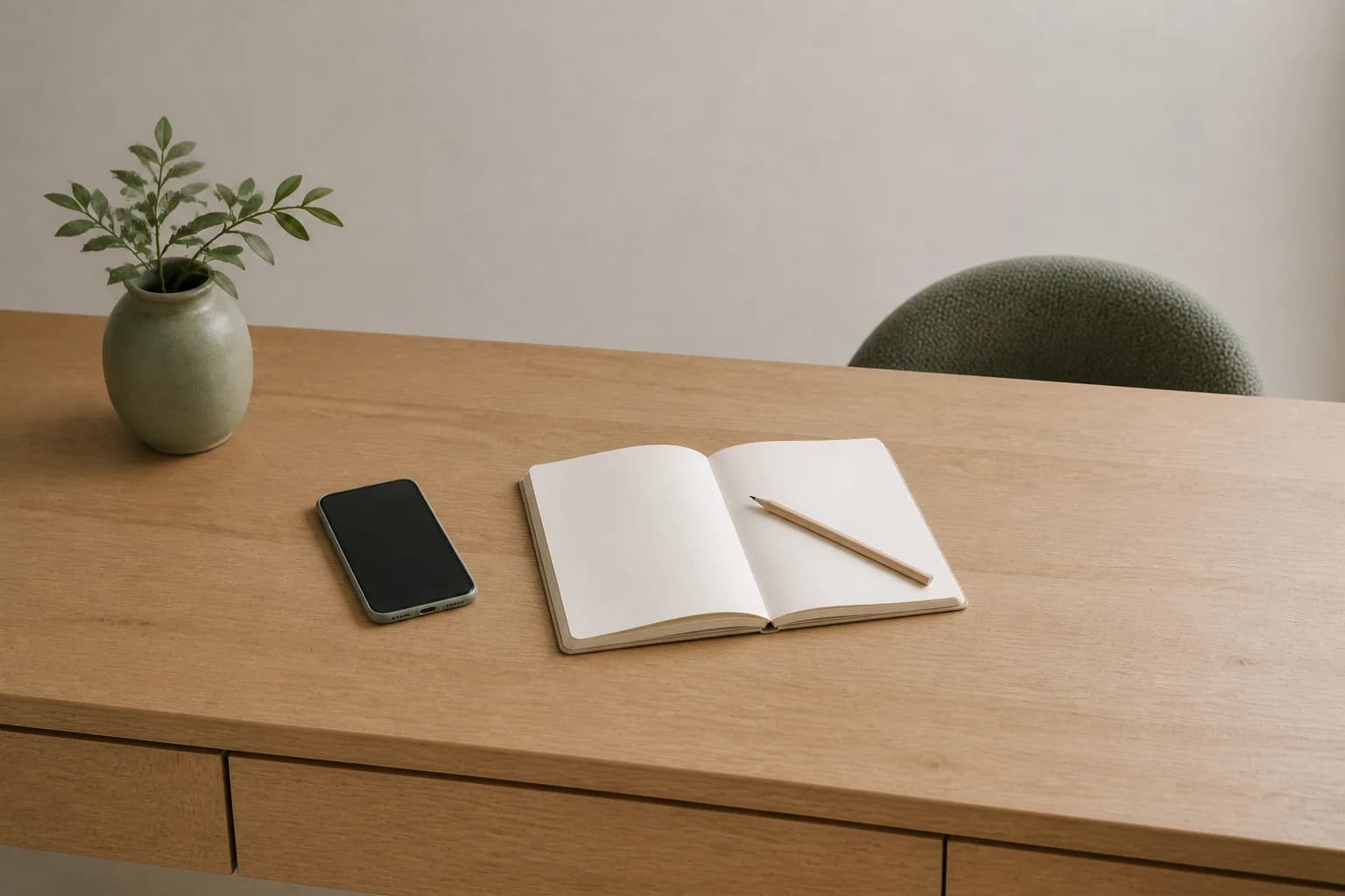 Illustrative image of a phone with an inactive screen beside a blank notebook and pencil.