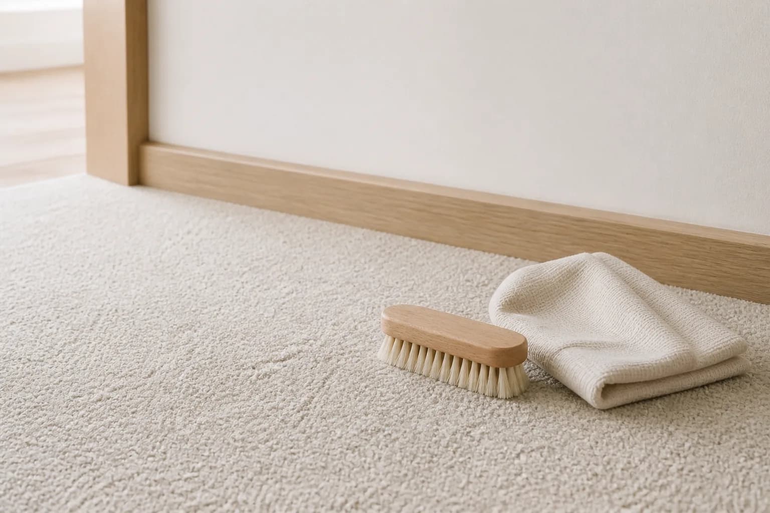Illustrative image of a cleaning brush and folded cloth on a fitted carpet.