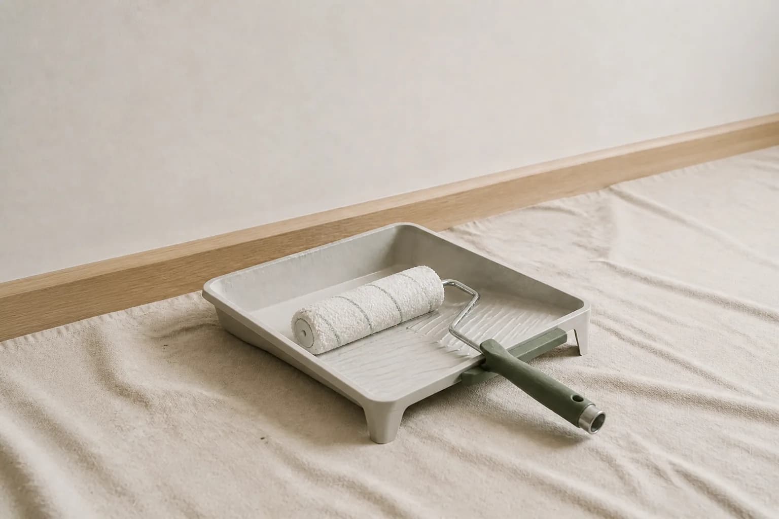 Illustrative image of a paint roller and tray beside a light interior wall.
