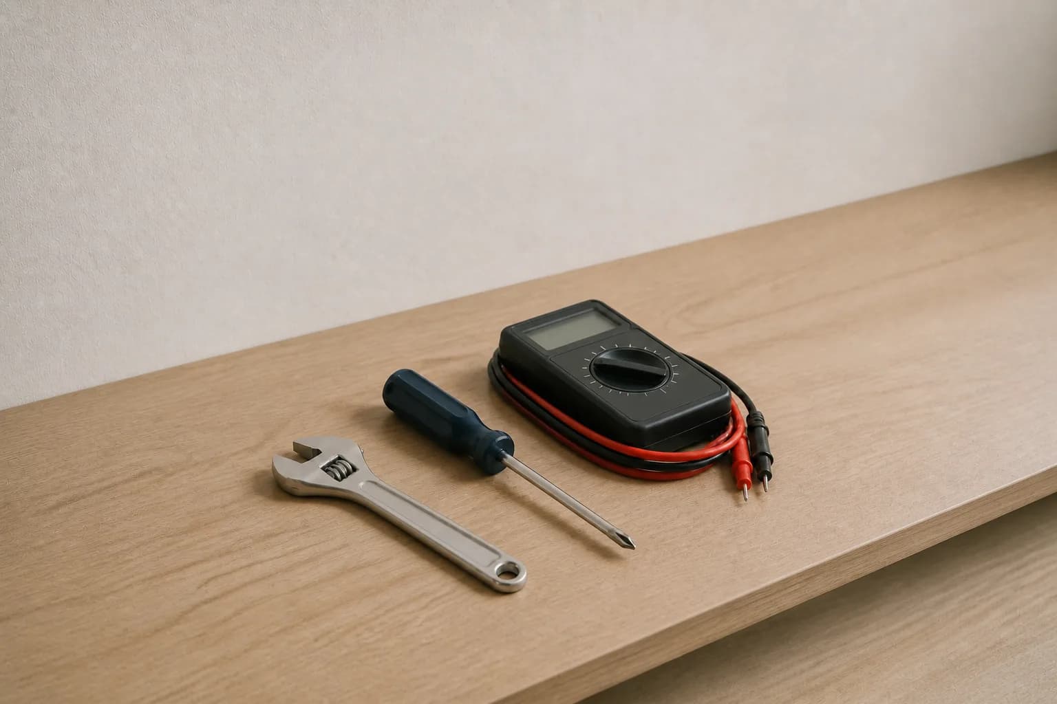Illustrative image of a spanner, screwdriver and electrical test meter on a wooden surface.