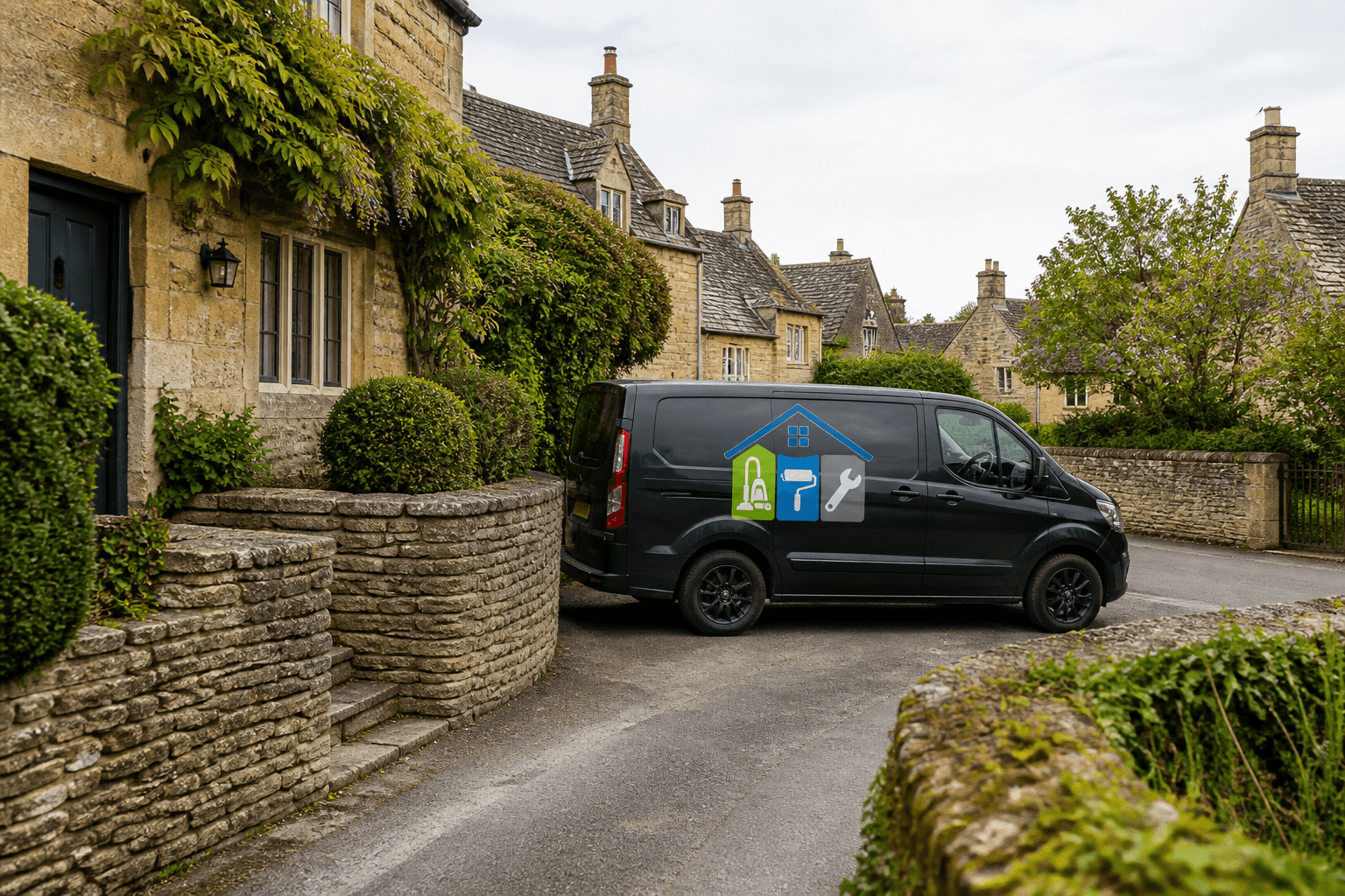 Branded Cotswold Property Care van parked on a recognisable Cotswolds village street with honey-coloured stone houses