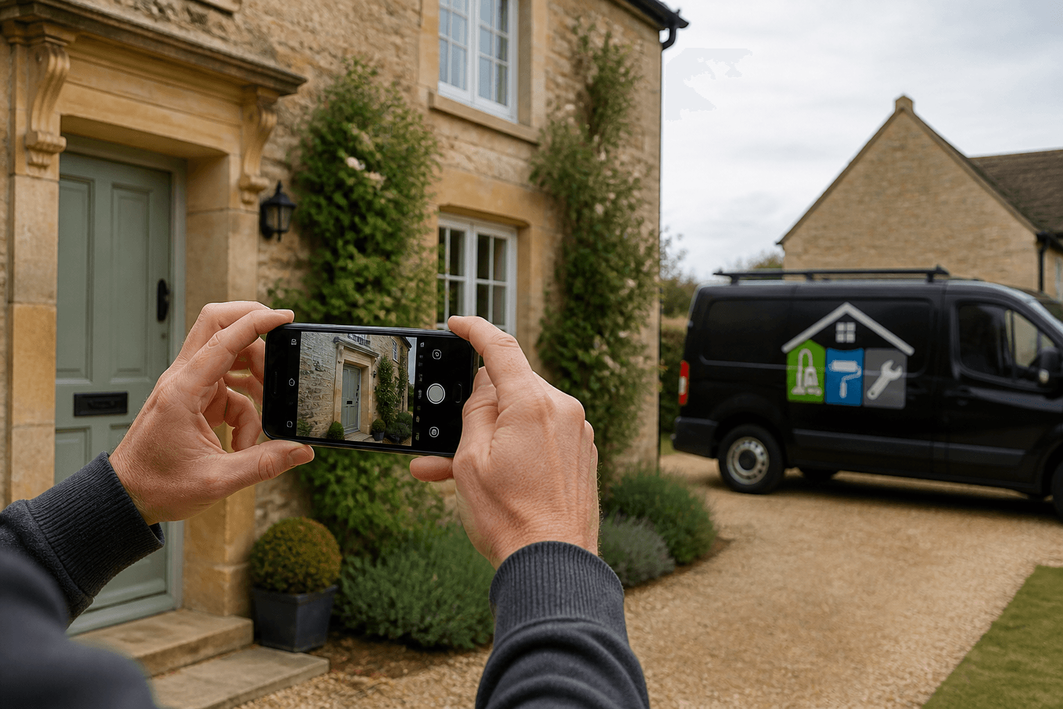 A homeowner photographing a Cotswolds property while a branded Cotswold Property Care van is visible nearby