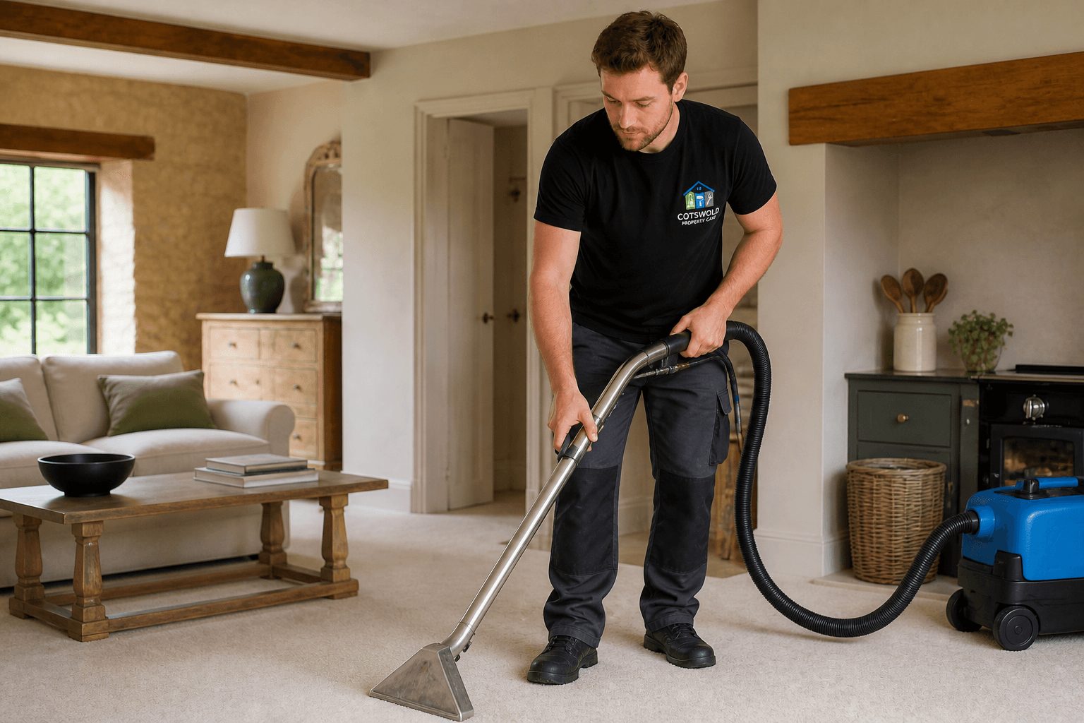Professional carpet cleaning in a bright refined Cotswolds home interior