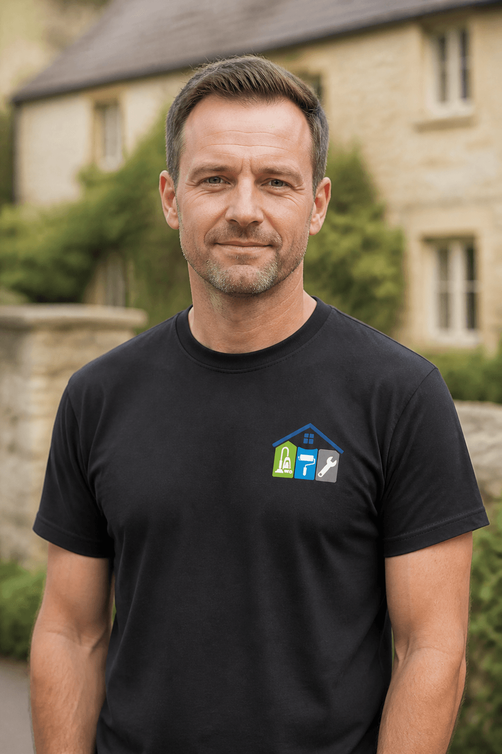 Portrait of Alex in a black Cotswold Property Care T-shirt