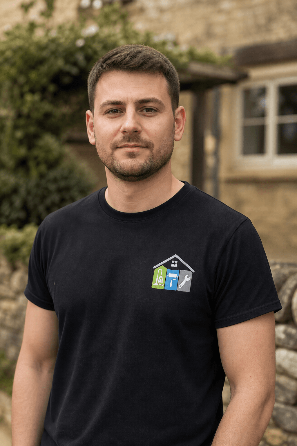 Portrait of Bogdan in a black Cotswold Property Care T-shirt