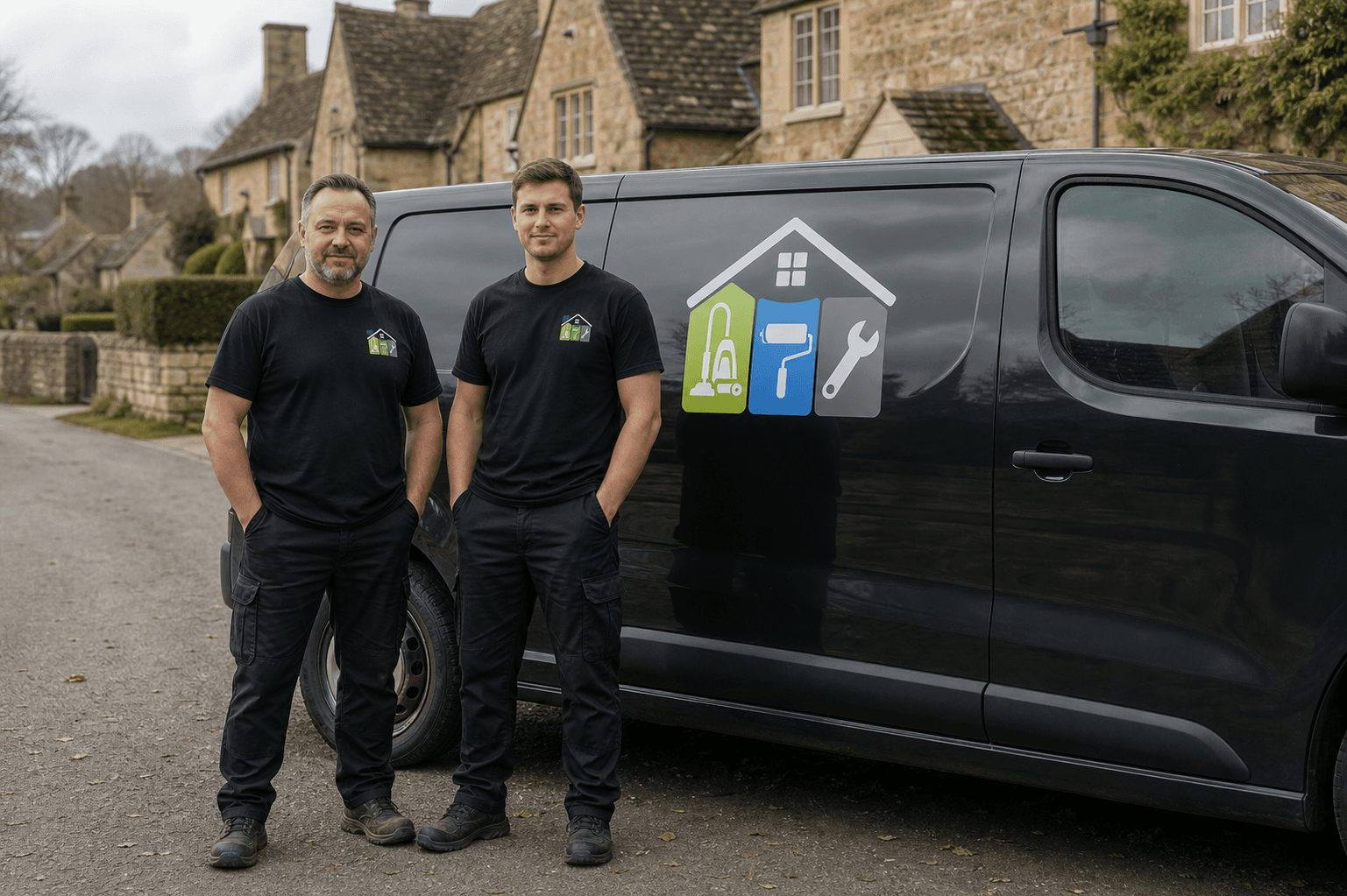Alex and Bogdan standing beside a branded Cotswold Property Care van in a Cotswolds village